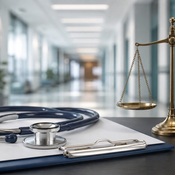 Hastane ortamında stetoskop ve adalet terazisi ile doktor hatası tazminat davası