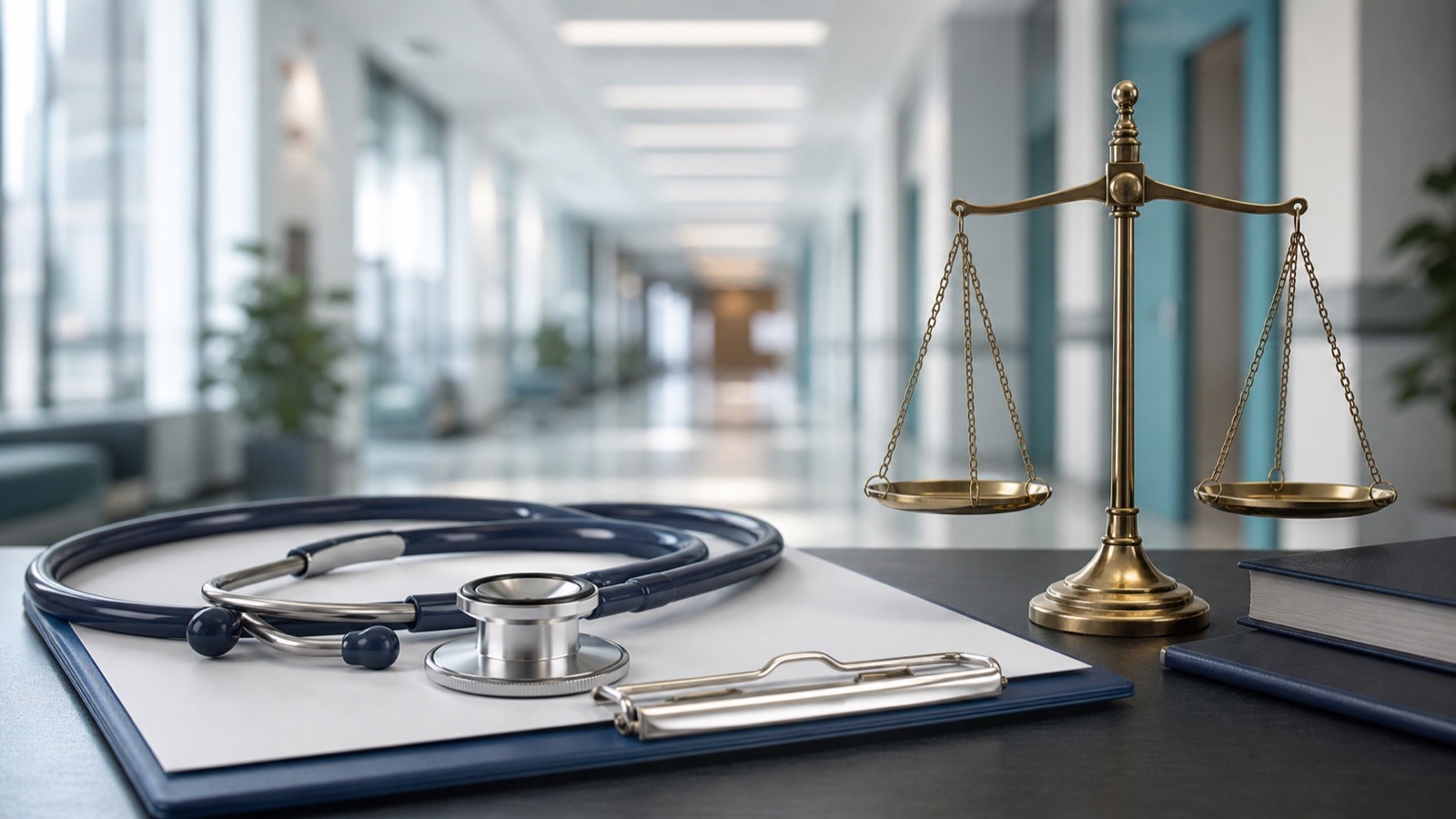 Hastane ortamında stetoskop ve adalet terazisi ile doktor hatası tazminat davası